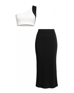 White one-shoulder top and black pencil skirt on a white background