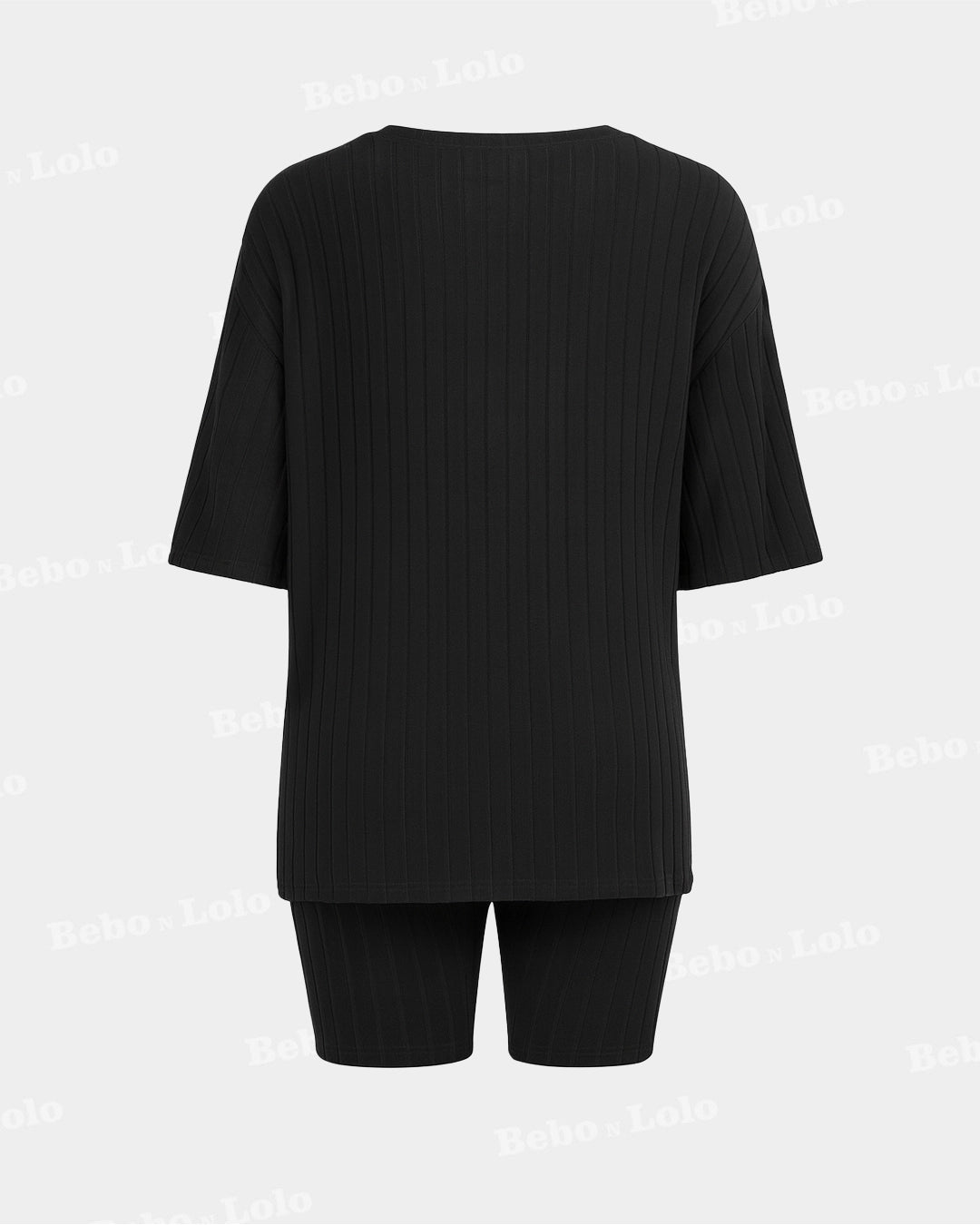 BeboNLolo Black  ribbed co-ord set with oversized half-sleeve top and matching shorts – Back View