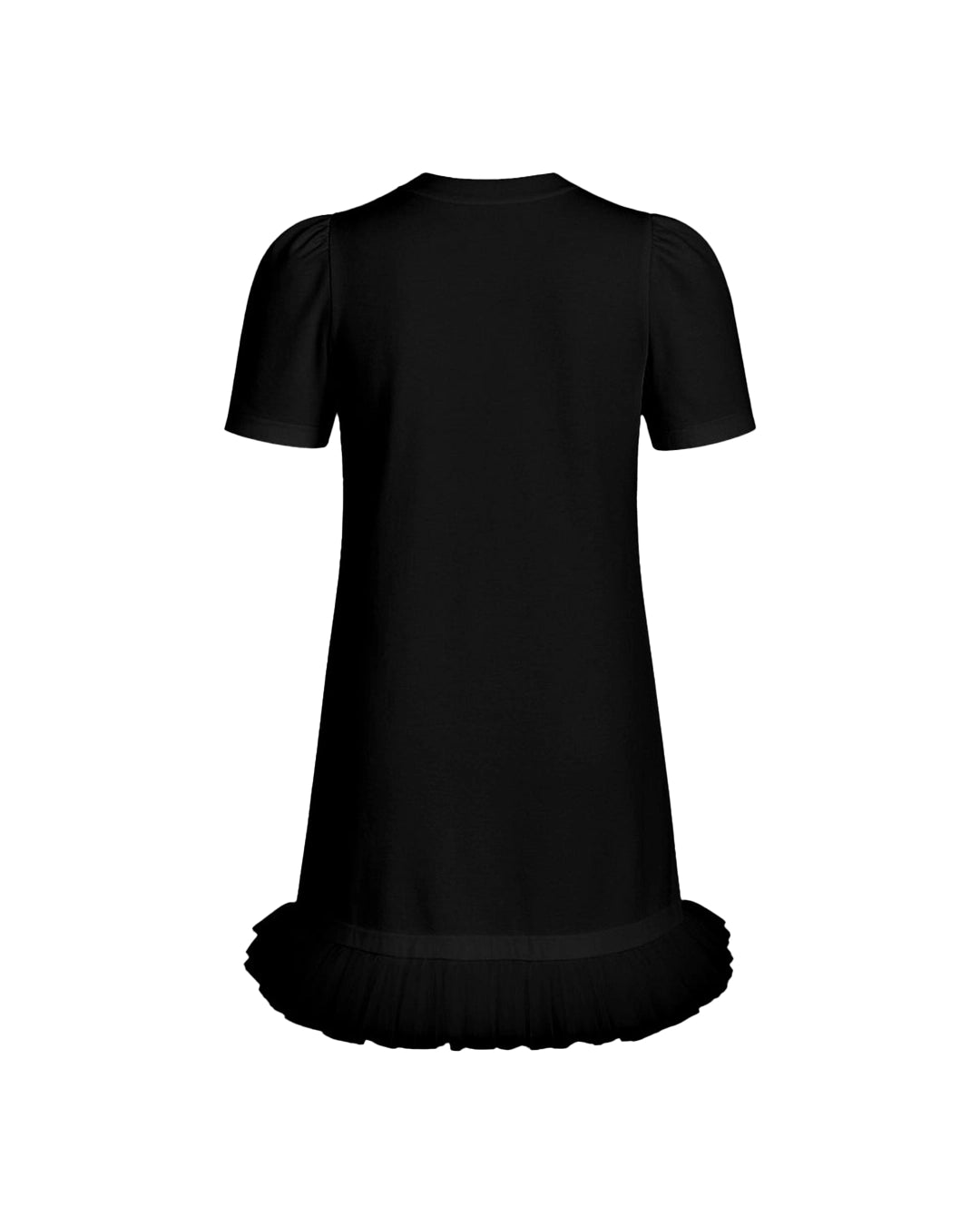Black dress with a ruffled skirt on a white background