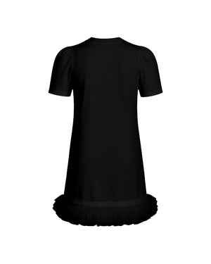 Black dress with a ruffled skirt on a white background