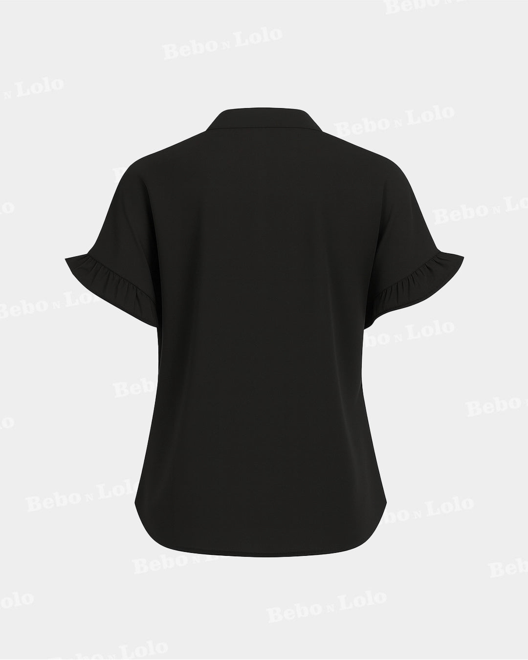 BeboNLolo Ruffle Charm Button Top in black with gathered yoke and plain back design – Back View