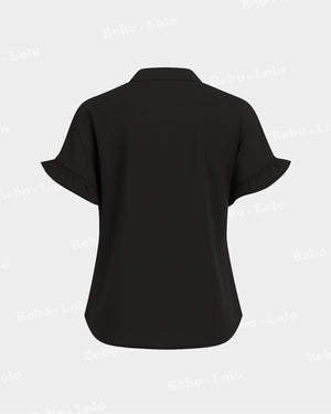 BeboNLolo Ruffle Charm Button Top in black with gathered yoke and plain back design – Back View