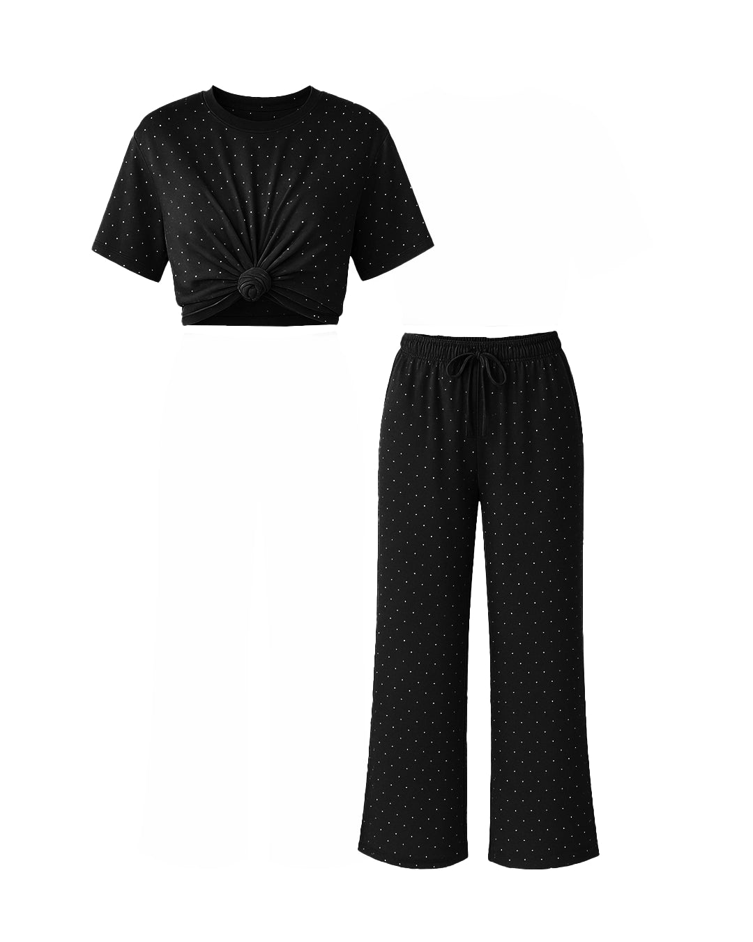 Black polka dot top and pants set on a white background