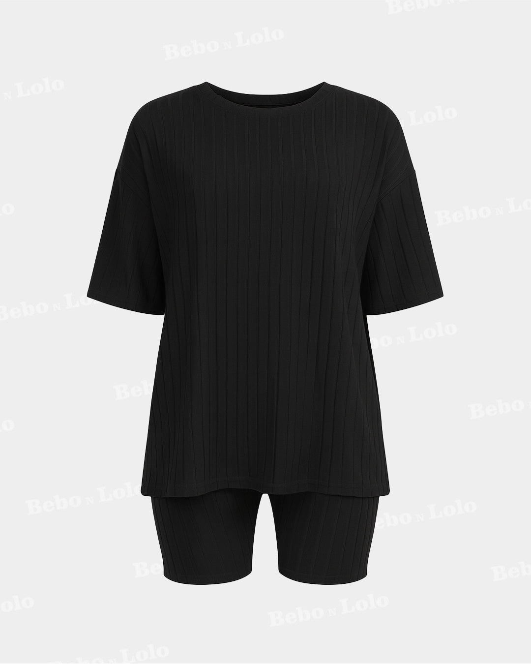 BeboNLolo Black ribbed co-ord set with oversized half-sleeve top and matching shorts – Front View