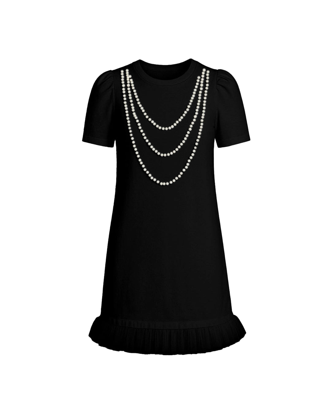 Black dress with pearl embellishments on a white background