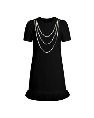 Black dress with pearl embellishments on a white background