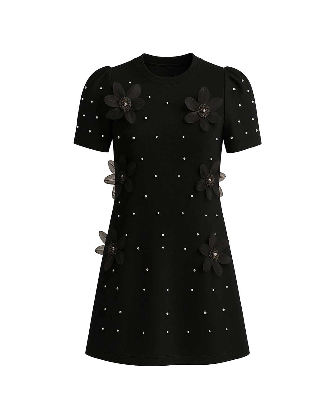 Black dress with floral embellishments on a white background