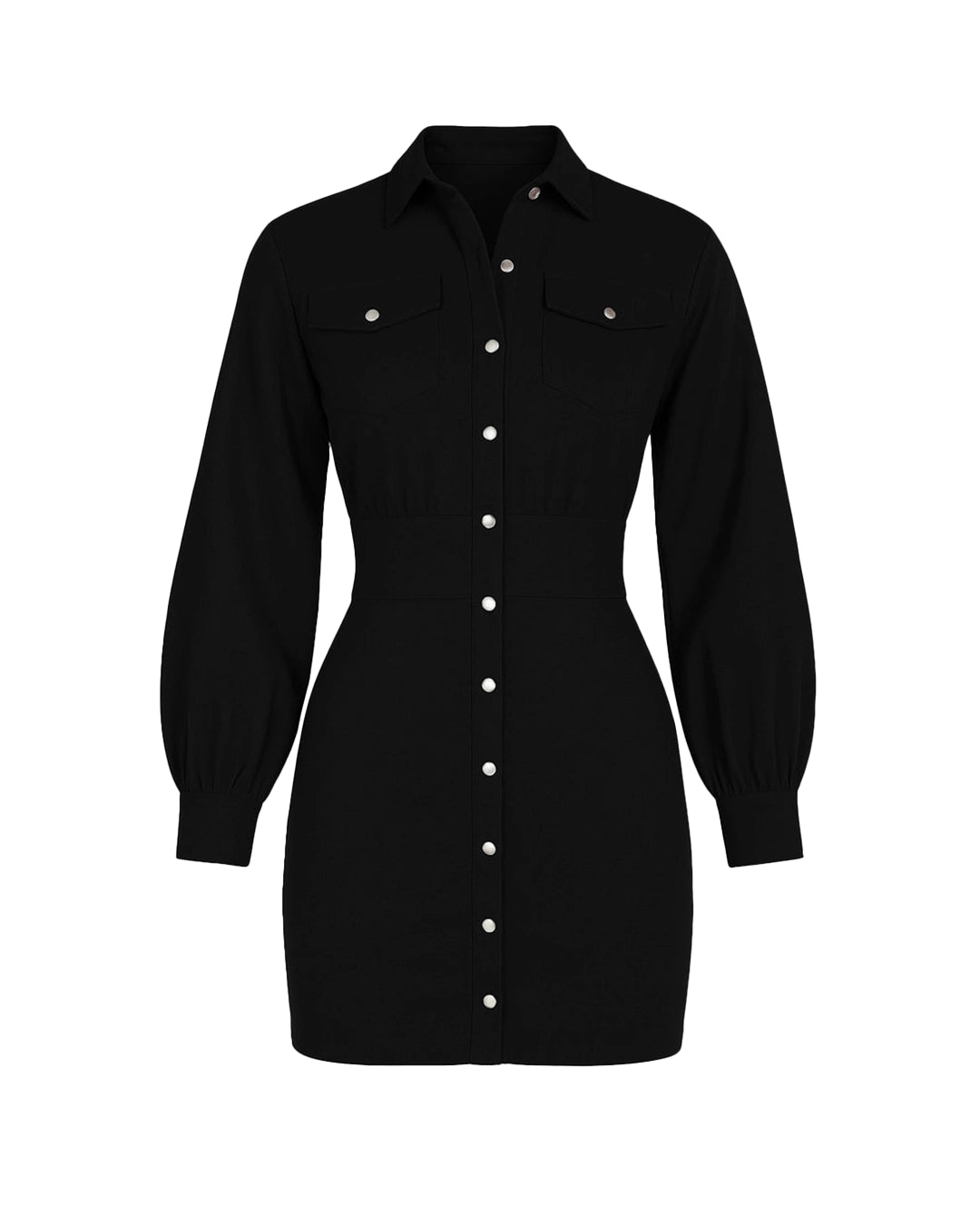 Black button-up dress on a white background