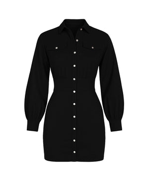 Black button-up dress on a white background
