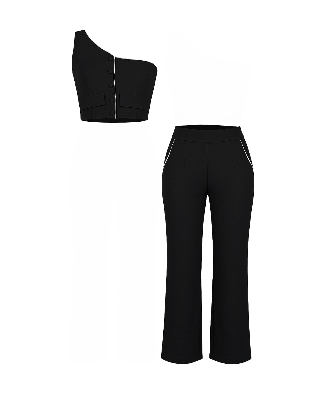 Black one-shoulder top and wide-leg pants set on a white background