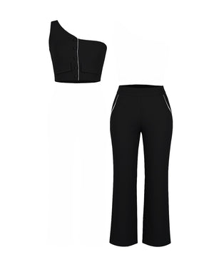 Black one-shoulder top and wide-leg pants set on a white background