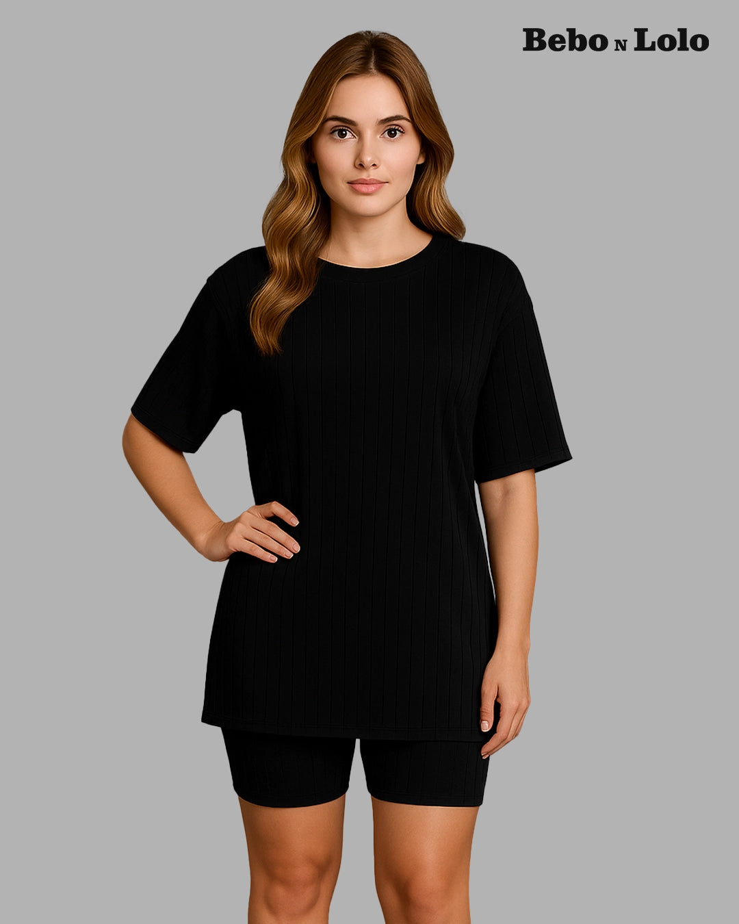 BeboNLolo black ribbed co-ord set with oversized half-sleeve top and matching shorts – Front View
