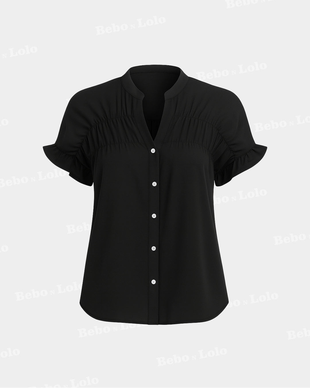 BeboNLolo Ruffle Charm Button Top in black with short ruffle sleeves and button-down front – Front View