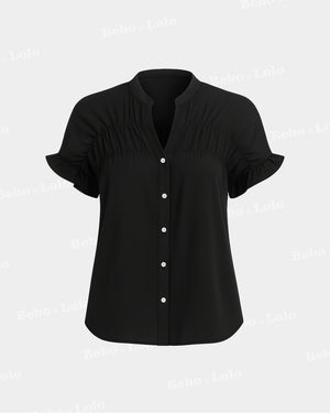 BeboNLolo Ruffle Charm Button Top in black with short ruffle sleeves and button-down front – Front View