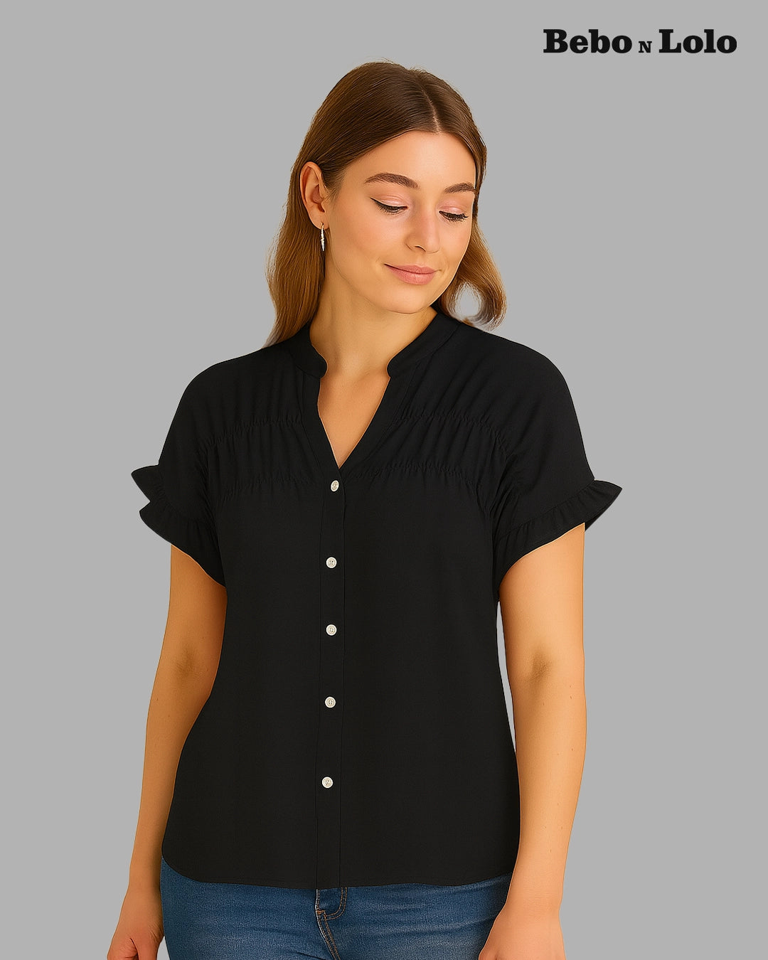BeboNLolo Ruffle Charm Button Top in black with short ruffle sleeves and button-down front – Front View