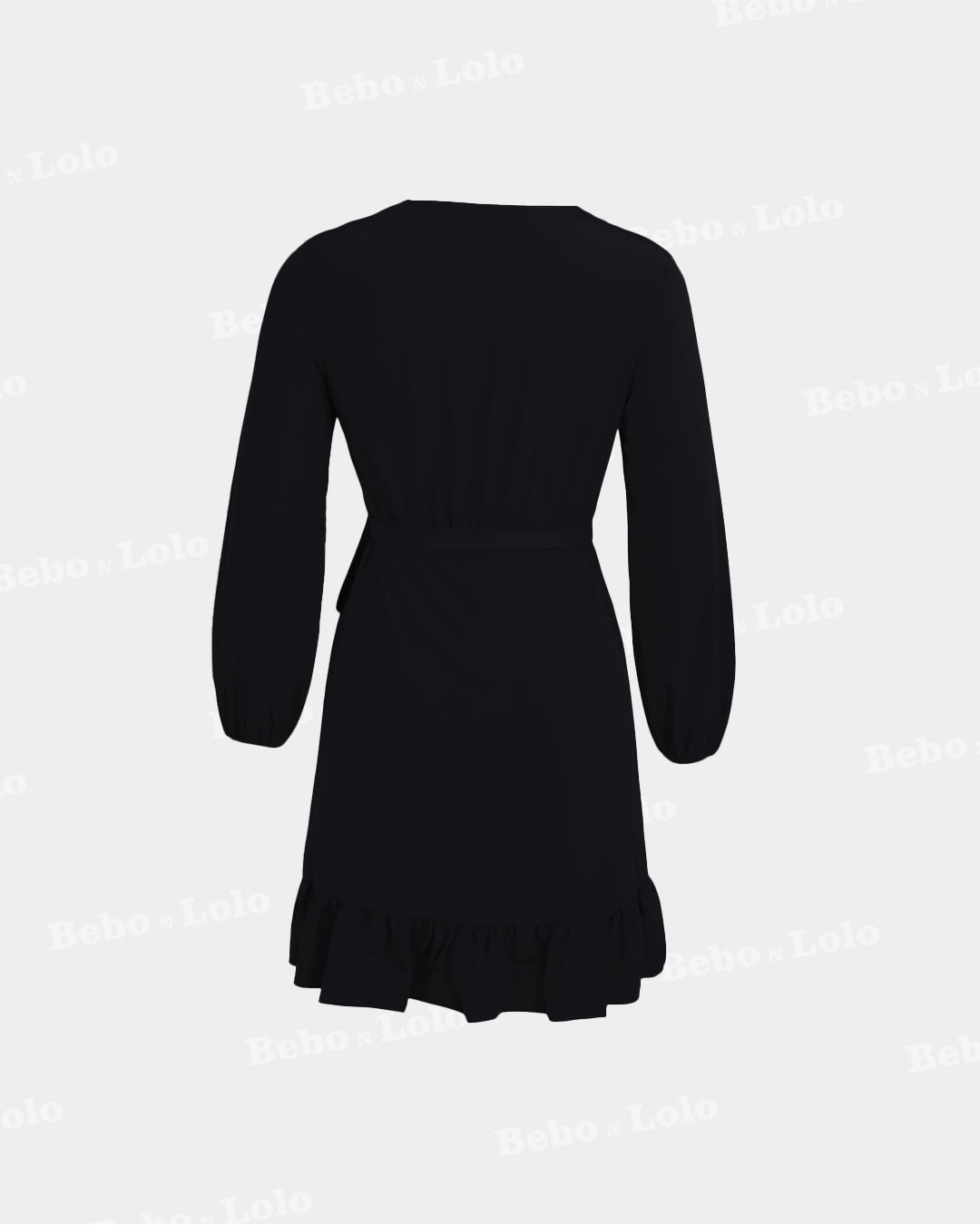 BeboNLolo black wrap dress with ruffle hem and tie-back detail – Back View