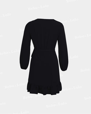 BeboNLolo black wrap dress with ruffle hem and tie-back detail – Back View