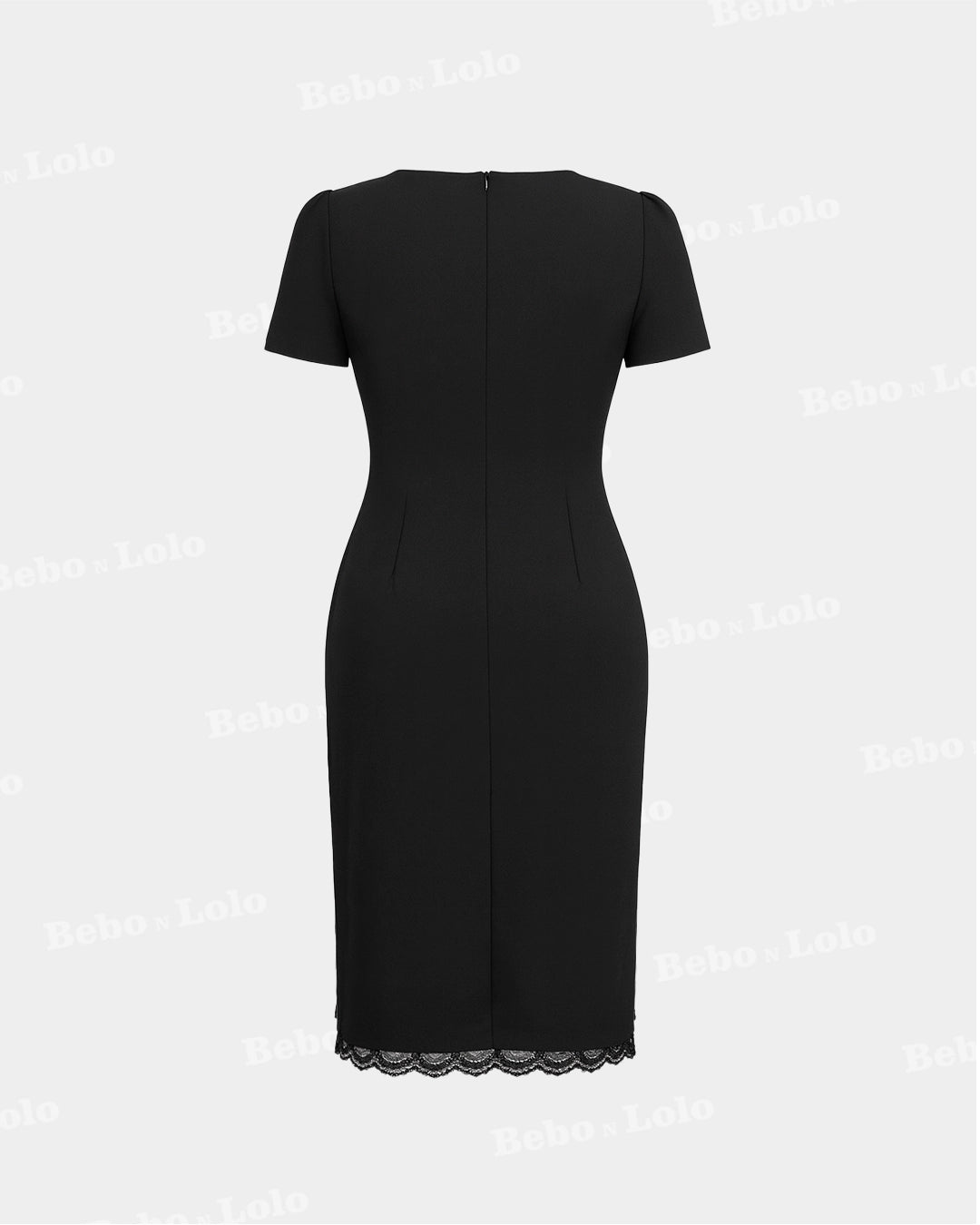 BeboNLolo Luxe Lace Hem Midi Dress in black with fitted silhouette and lace hem detail – Back View