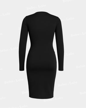 BeboNLolo Luxe Zip Front Bodycon Dress in black with fitted silhouette and plain back design – Back View