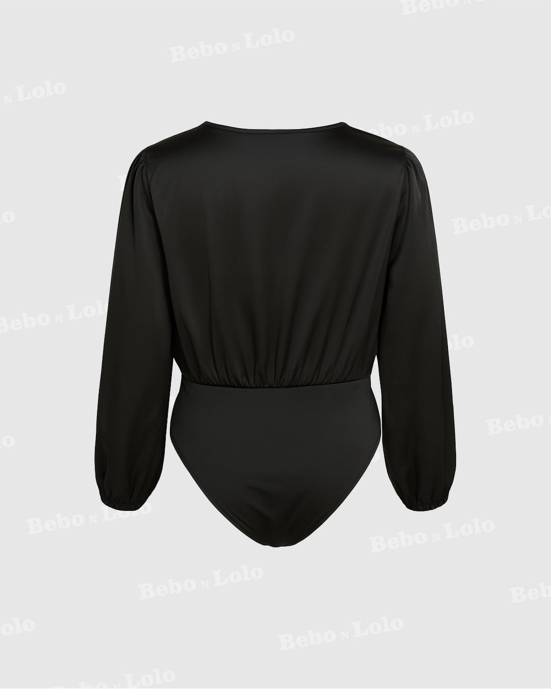 BeboNLolo black wrap bodysuit with fitted silhouette and plain back design – Back View