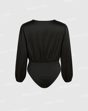 BeboNLolo black wrap bodysuit with fitted silhouette and plain back design – Back View
