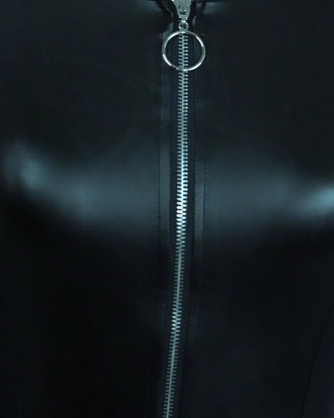 BeboNLolo Luxe Zip Front Bodycon Dress close-up showing metallic zipper detail and luxe fabric texture – Close-Up View