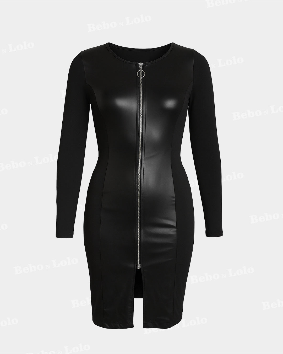 BeboNLolo Luxe Zip Front Bodycon Dress in black with long sleeves and full-length zipper – Front View