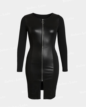 BeboNLolo Luxe Zip Front Bodycon Dress in black with long sleeves and full-length zipper – Front View