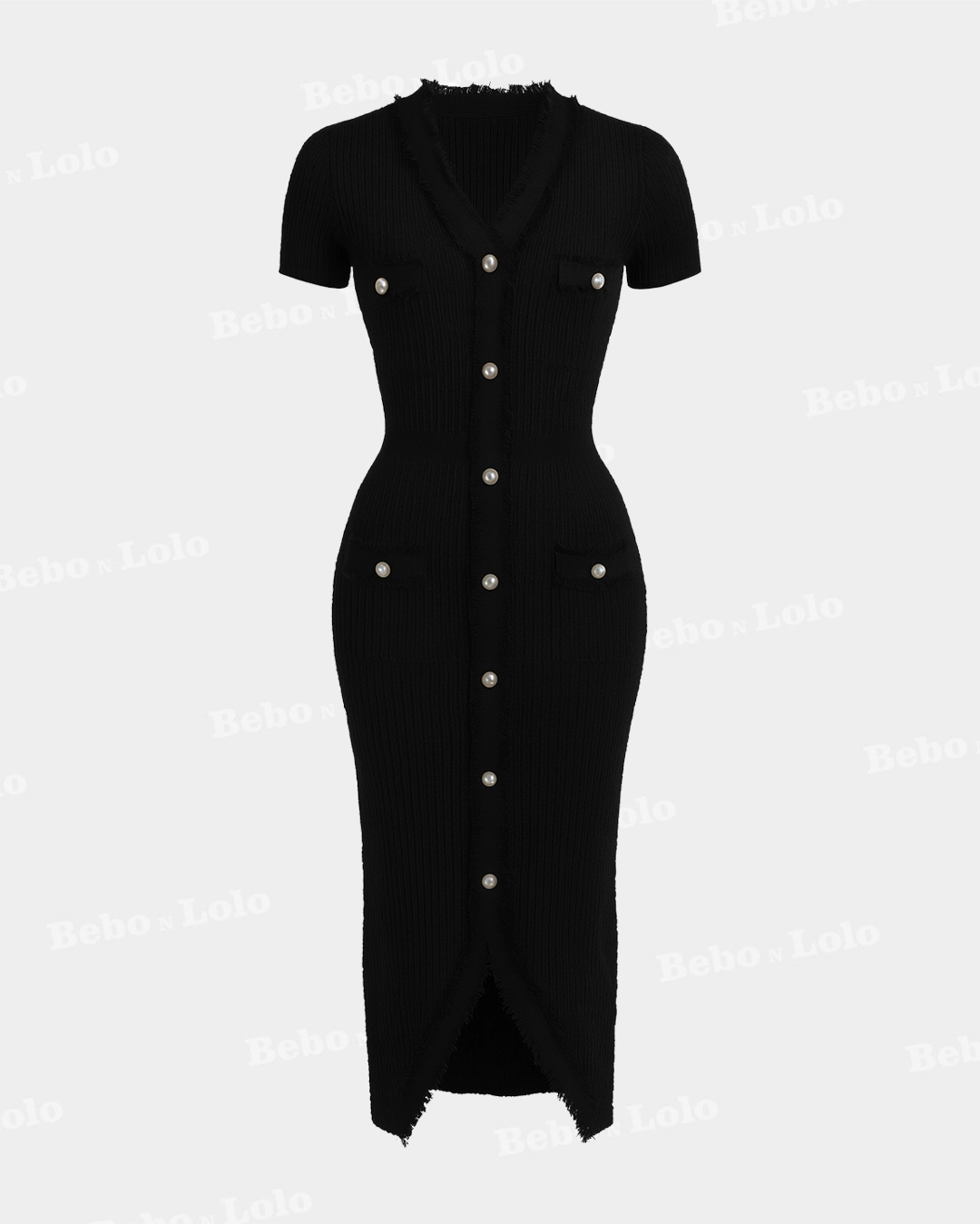 BeboNLolo black cropped top with pearl embellished neckline and button detail – Front View