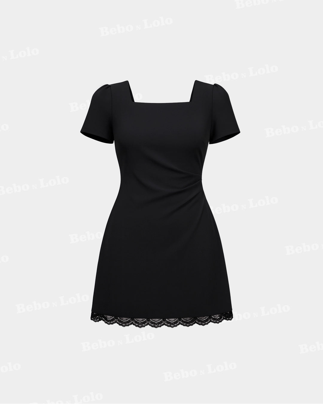 BeboNLolo Luxe Lace Hem Mini Dress in black with square neckline, short sleeves and lace trim – Front View
