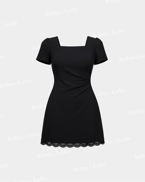 BeboNLolo Luxe Lace Hem Mini Dress in black with square neckline, short sleeves and lace trim – Front View