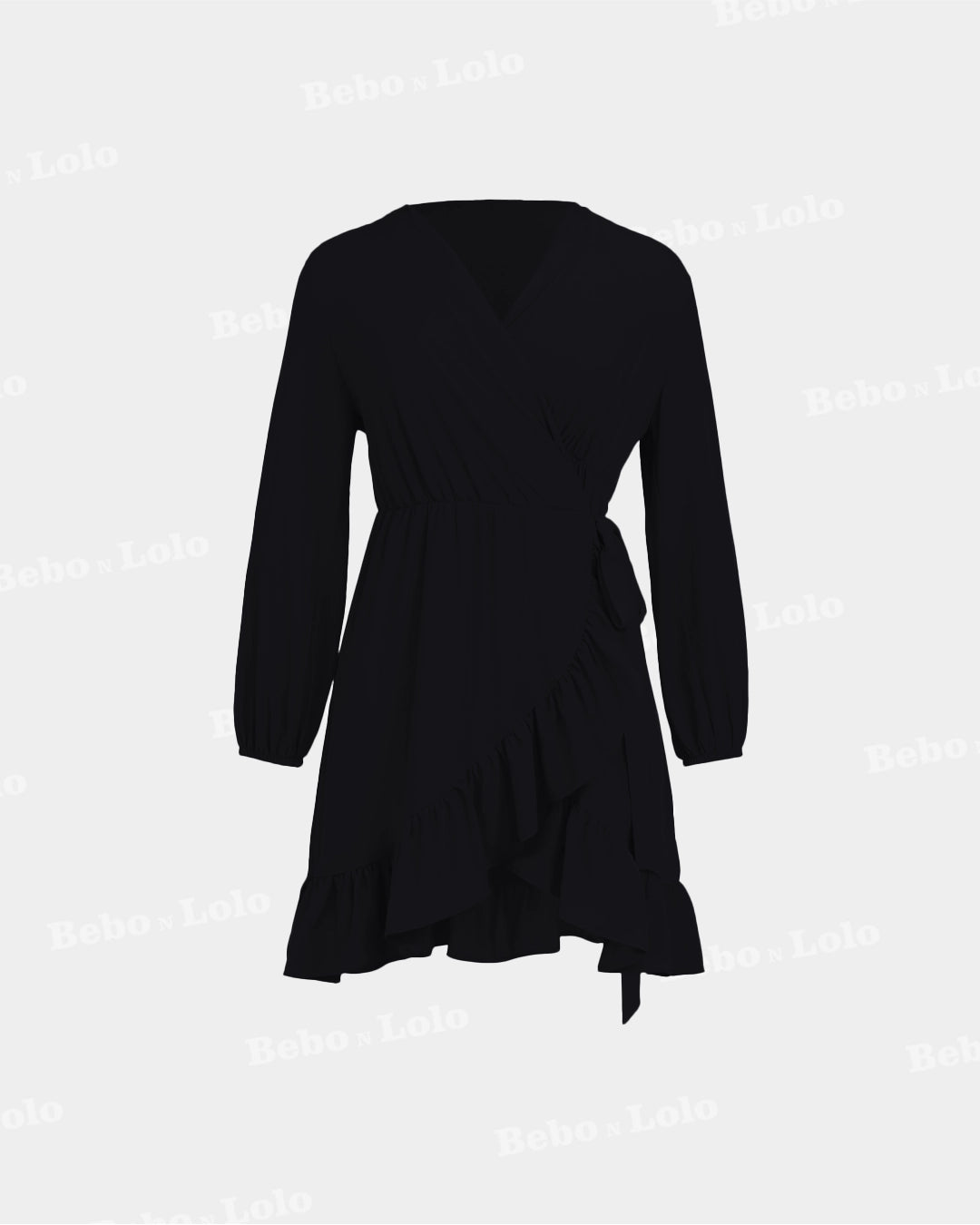 BeboNLolo black wrap dress with V-neckline, long sleeves and ruffle hem – Front View