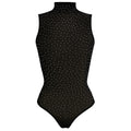 Black bodysuit with white polka dots on a white background
