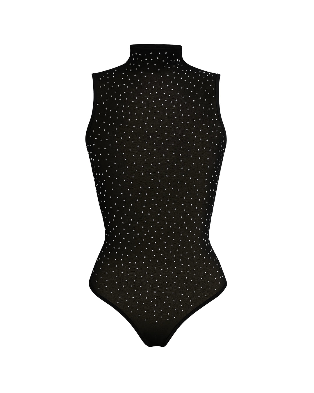 Black bodysuit with white polka dots on a white background