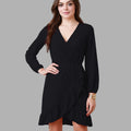 BeboNLolo black wrap dress with V-neckline, long sleeves and ruffle hem – Front View