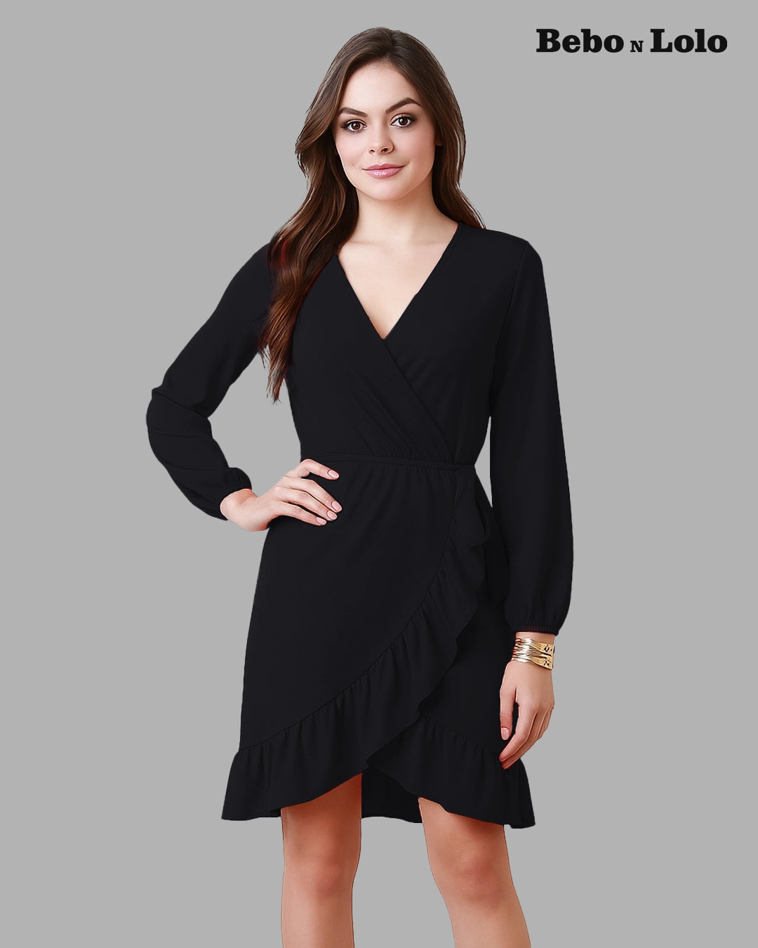 BeboNLolo black wrap dress with V-neckline, long sleeves and ruffle hem – Front View