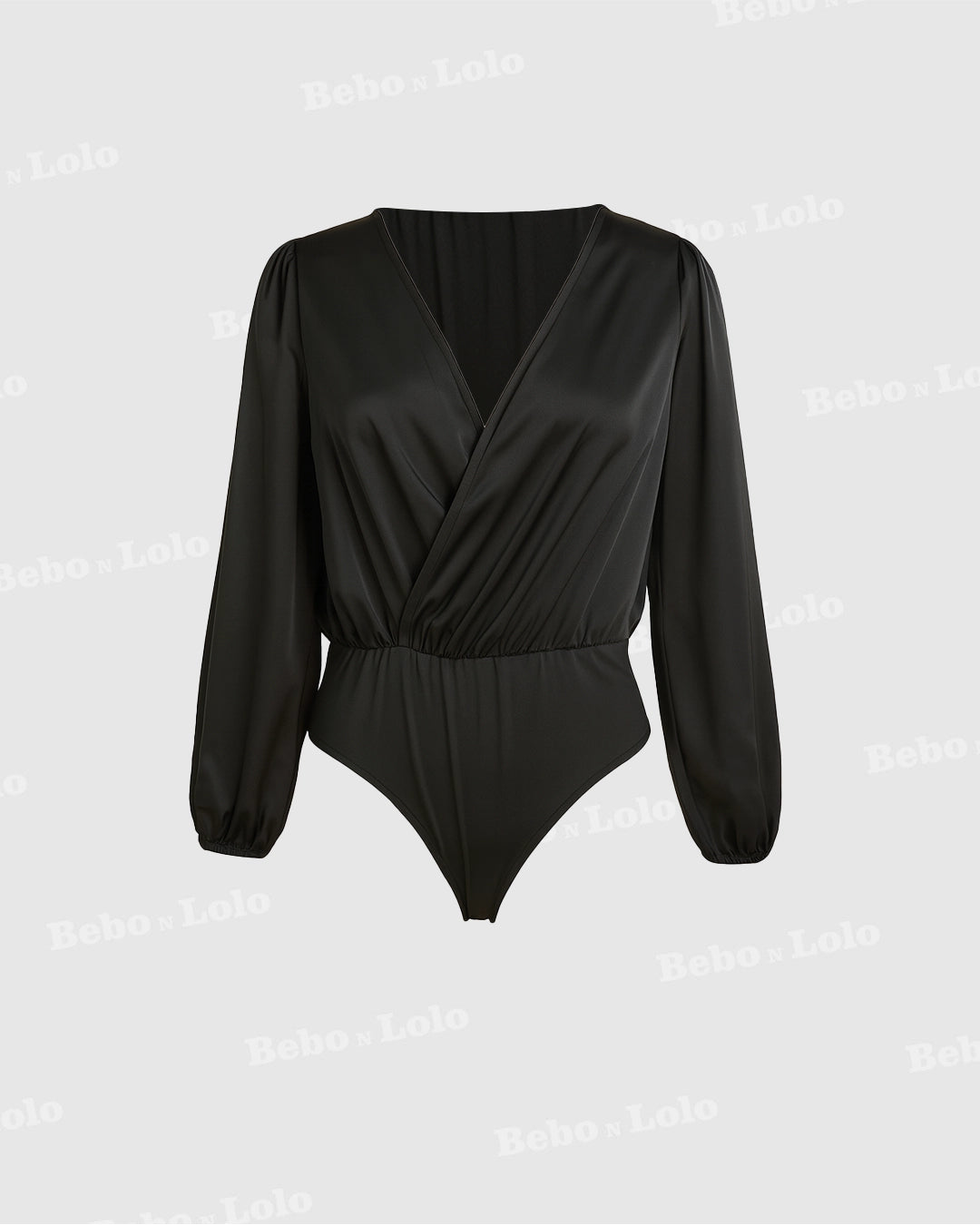 BeboNLolo black wrap bodysuit with long sleeves and deep V-neckline – Front View