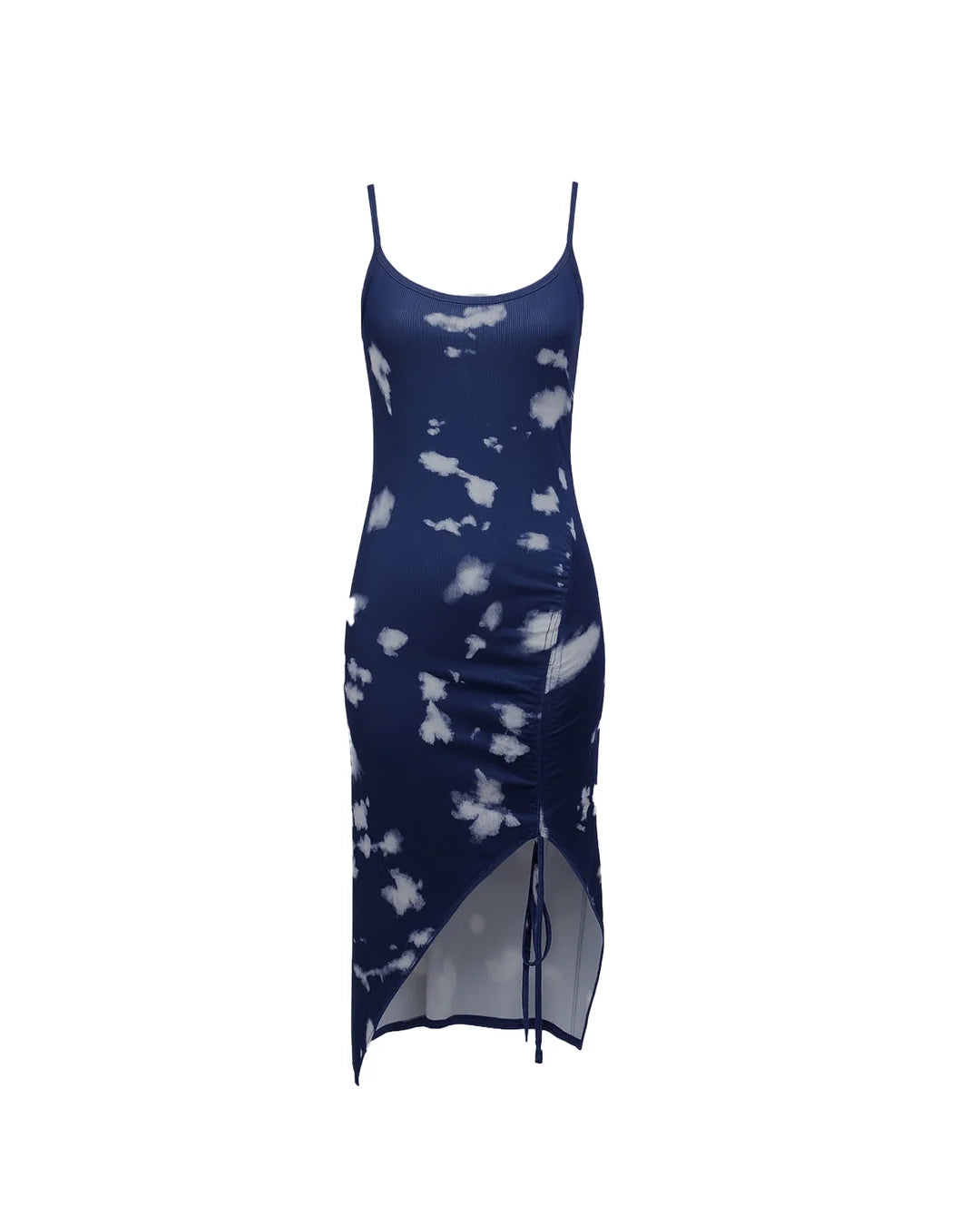Navy blue dress with white abstract pattern on a white background