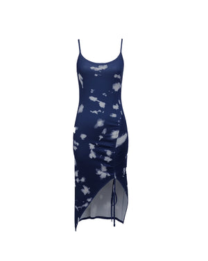 Navy blue dress with white abstract pattern on a white background