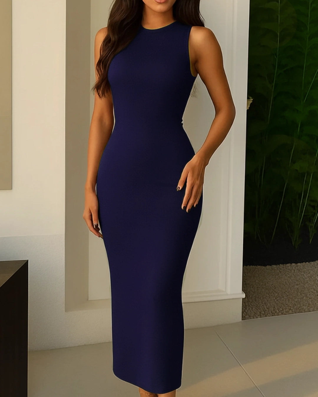 Woman wearing a sleeveless navy blue dress indoors.