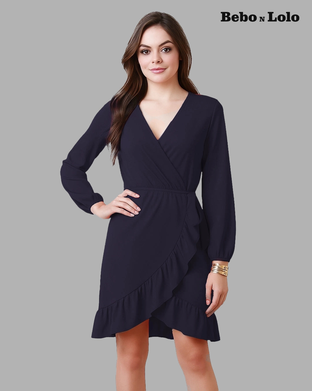 BeboNLolo blue wrap dress with V-neckline, long sleeves and ruffle hem – Front View