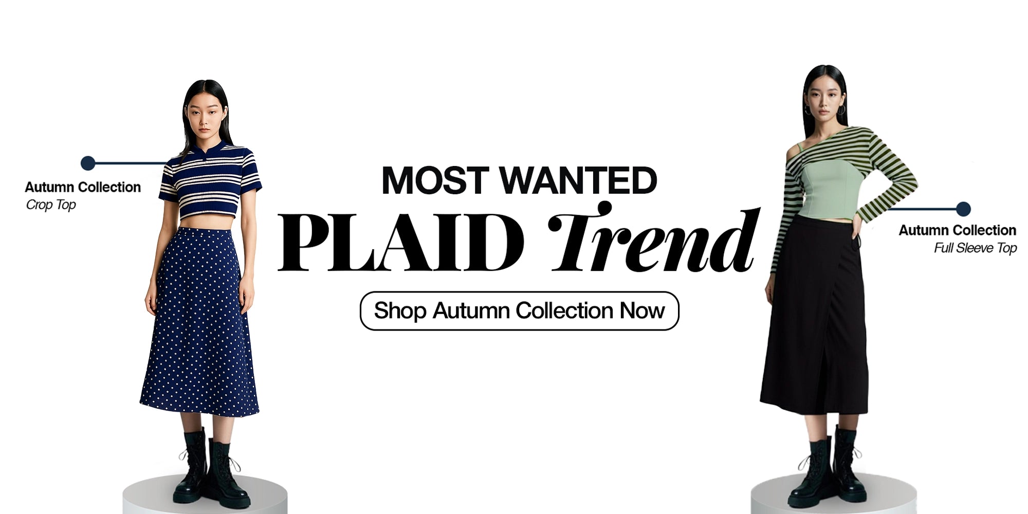 Two mannequins wearing plaid clothing with text promoting an autumn collection and plaid trend.