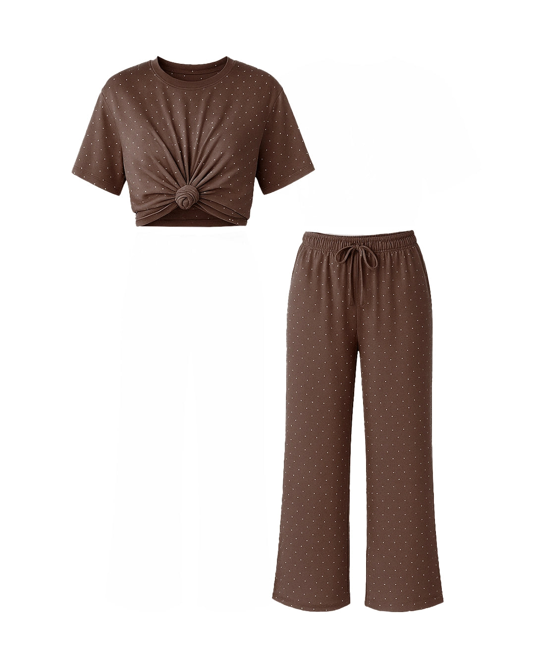 Brown t-shirt with knot detail and matching pants on a white background
