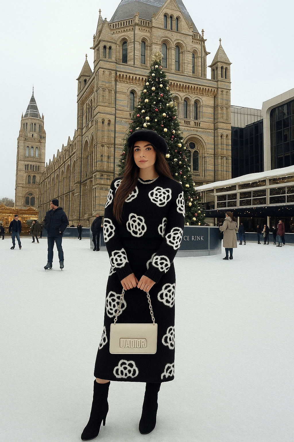Woman in a black and white patterned dress standing on an ice rink with a large building and Christmas tree in the background.