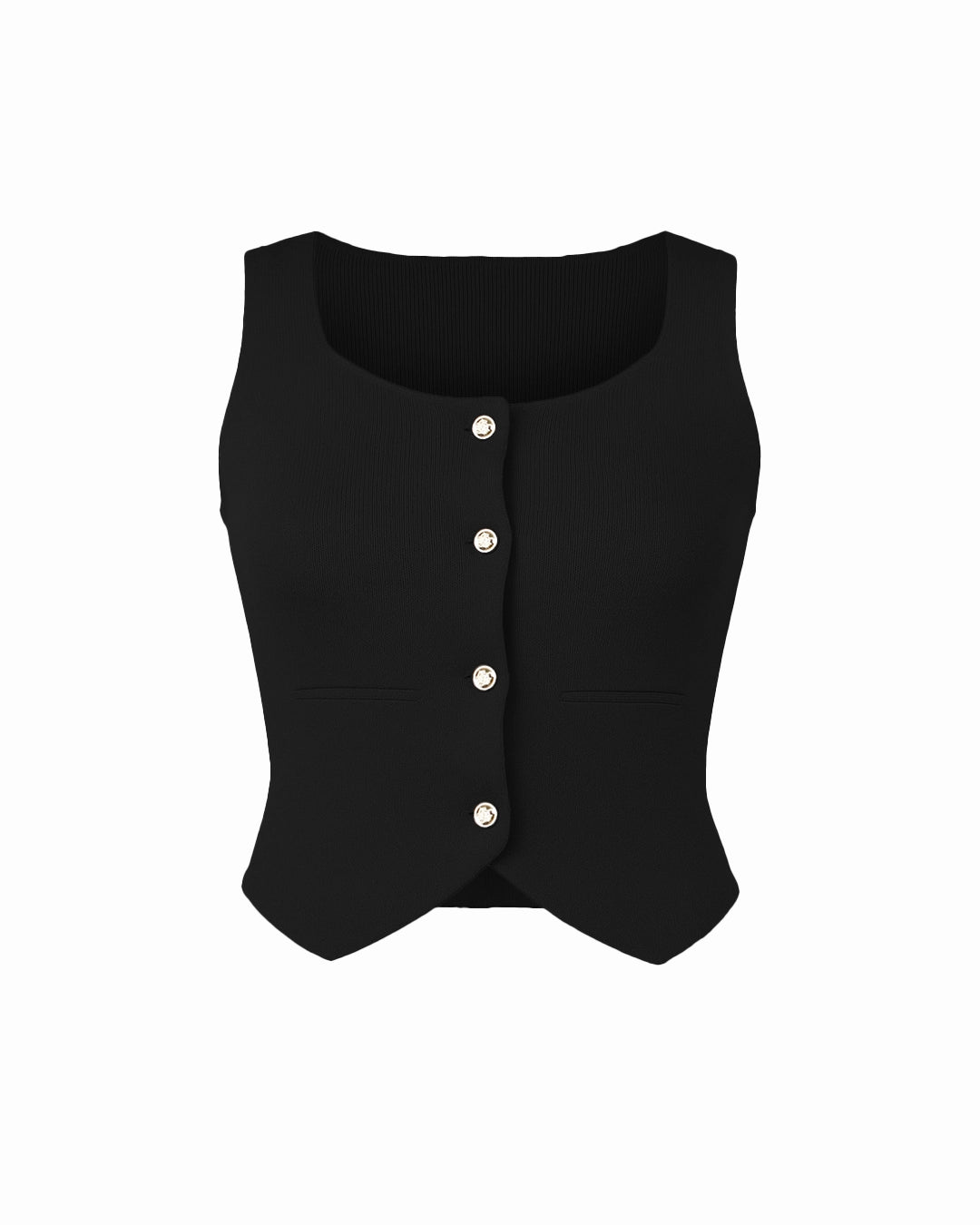 Black vest with button details on a white background
