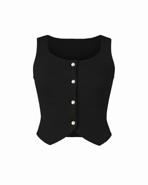 Black vest with button details on a white background