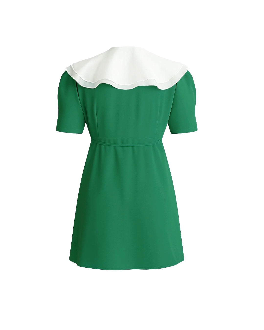 Green dress with white collar on a white background