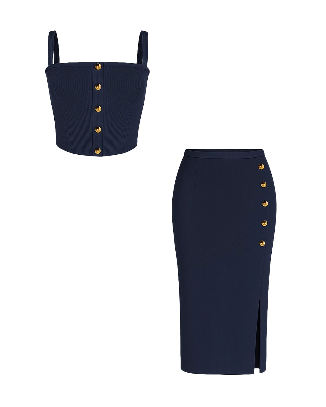 Navy blue crop top and pencil skirt set with gold buttons on a white background
