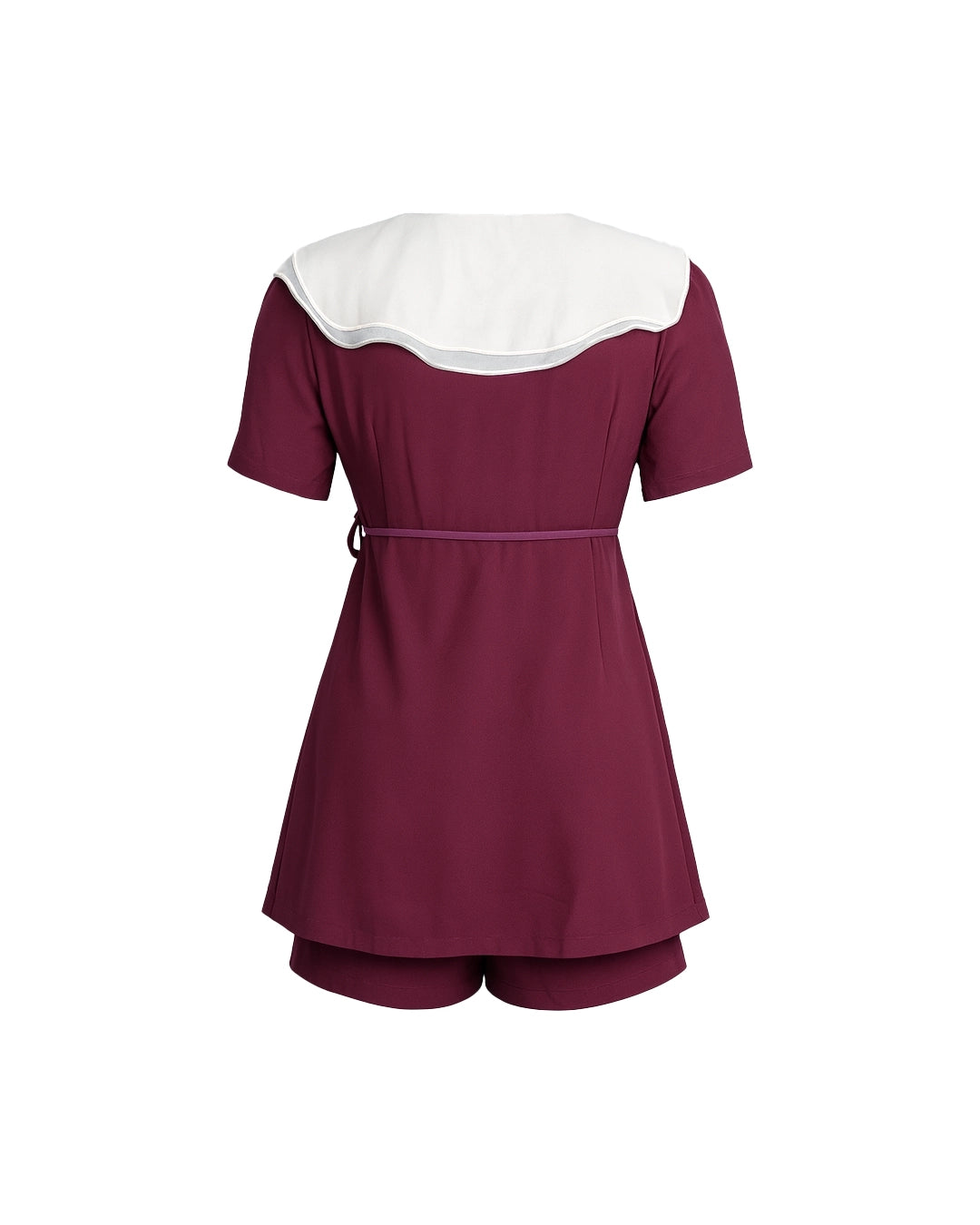 Maroon dress with white collar on a white background