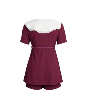 Maroon dress with white collar on a white background